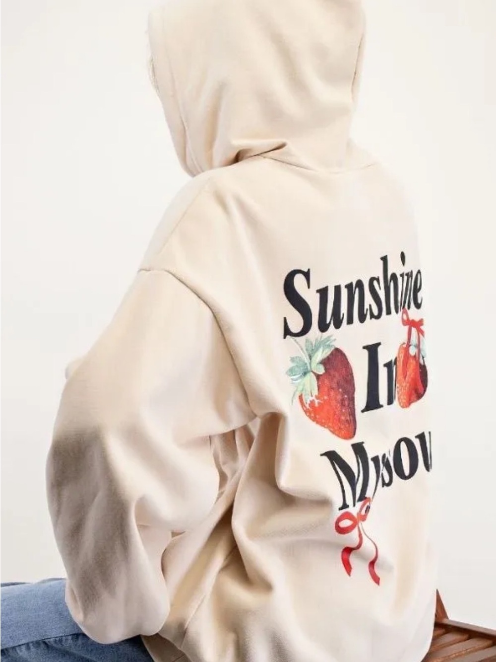 Beige Strawberry Print Graphic Hoodie Sweatshirt - Womens - Picture 2 of 7